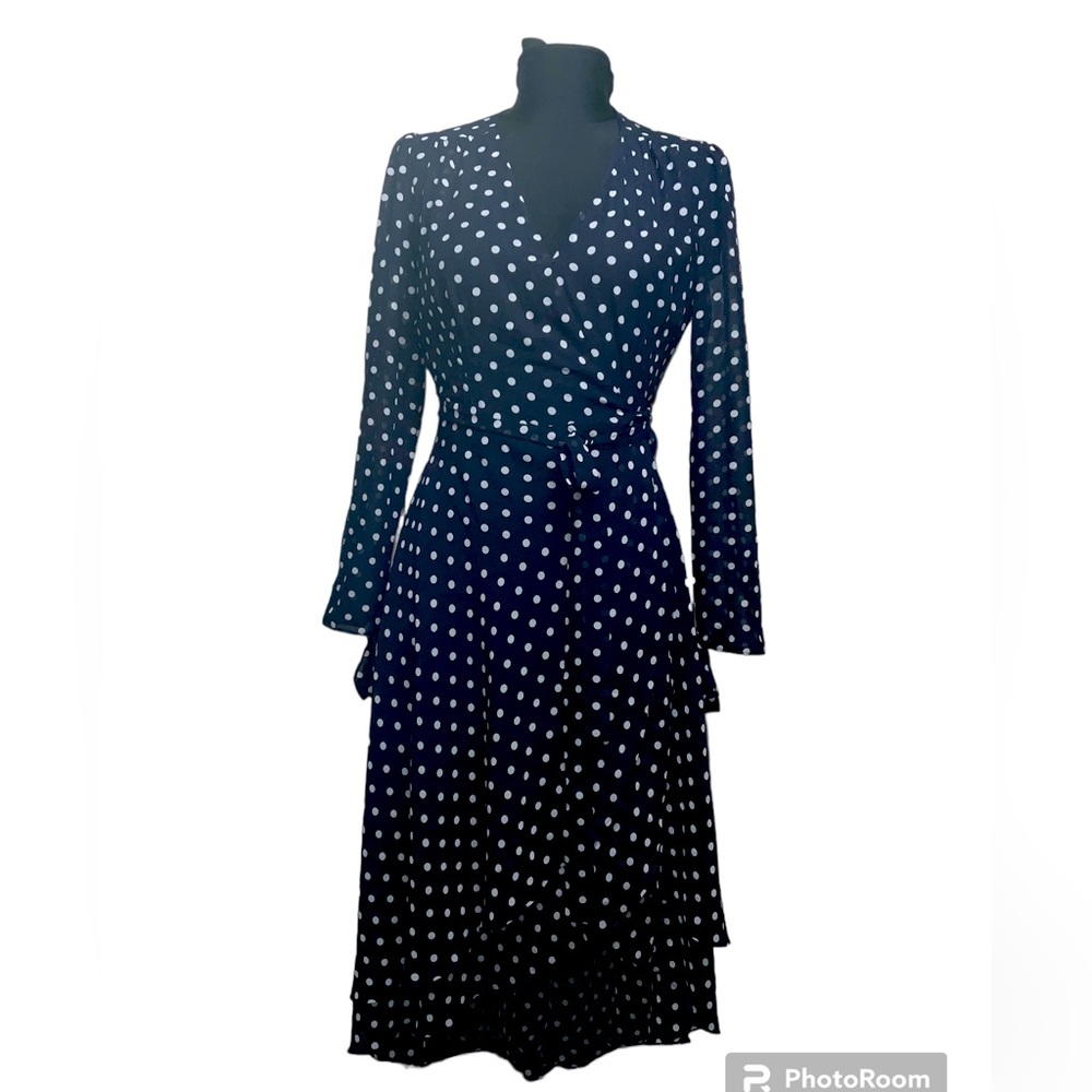 Betsey Johnson Navy Blue White Polka Dot Wrap Dress Long Sleeves size 4
